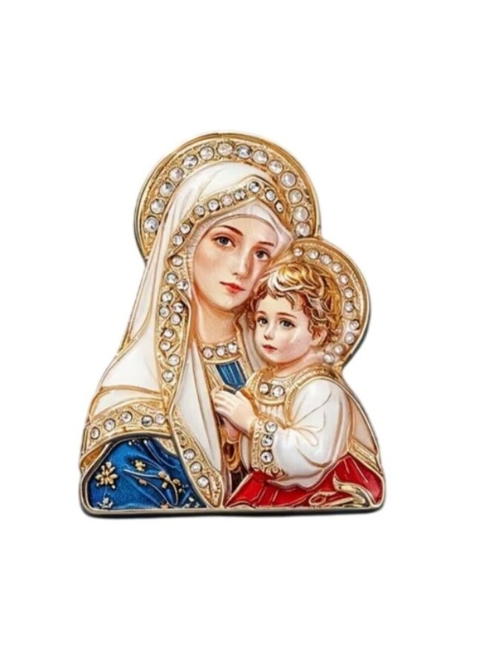 Virgin Mary & Child Printed Enamel Brooch with Crystals Gold-Tone